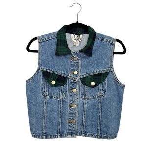 Vintage Extra Women’s Small Denim Jean Vest Plaid Accents Western Y2K 90s